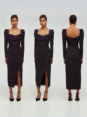 SELF-PORTRAIT Black Polka Dot Ruched Midi Dress Padded Shoulder US 6 UK 10